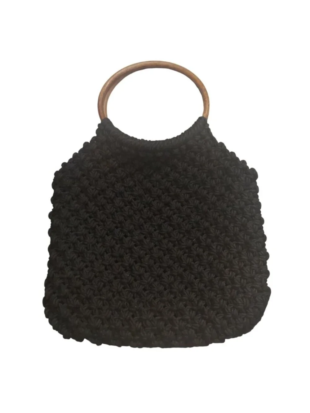 Macrame Crochet Handbag Handmade Black W/ Round Wooden Handles Lined Vintage 70s
